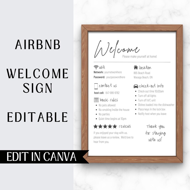 Airbnb Welcome Sign | Editable Printable Sign | Minimalist Design | Editable in Canva | Host Bundle Set | Wifi Template image 1