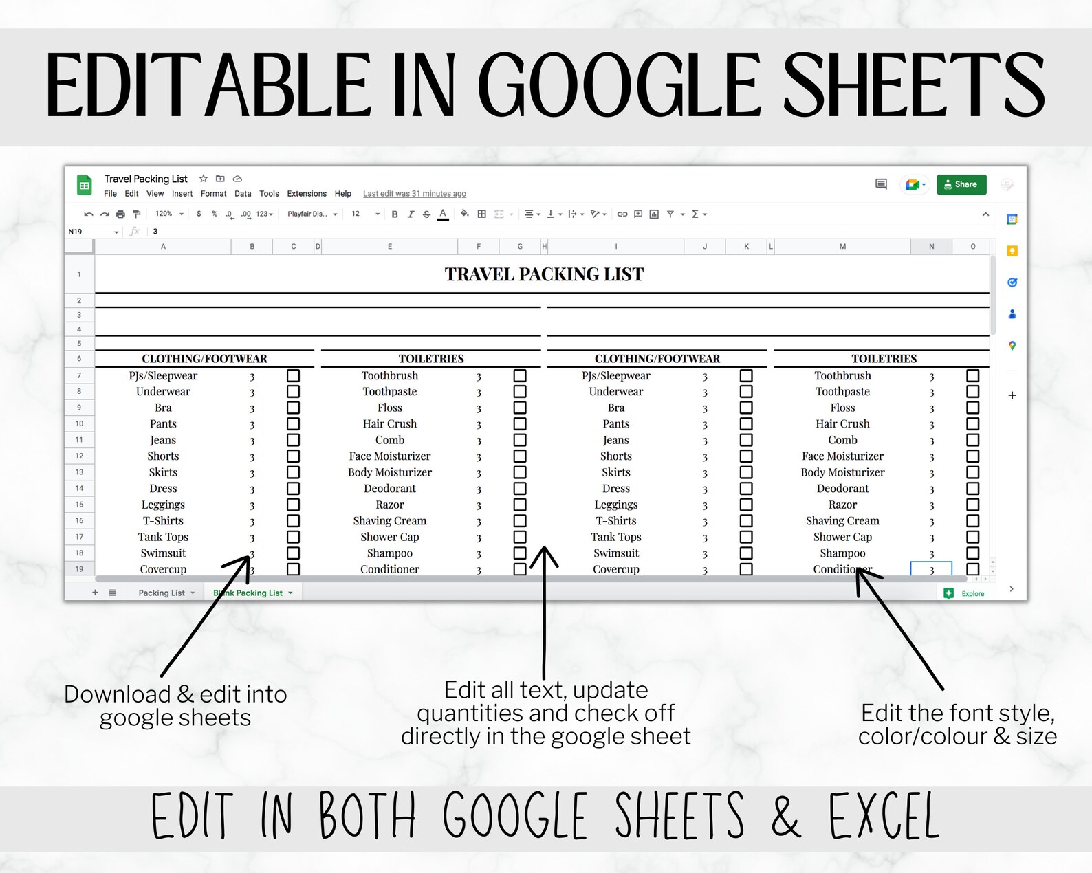 Travel Packing List | Google Sheets Packing Checklist | EDITABLE ...
