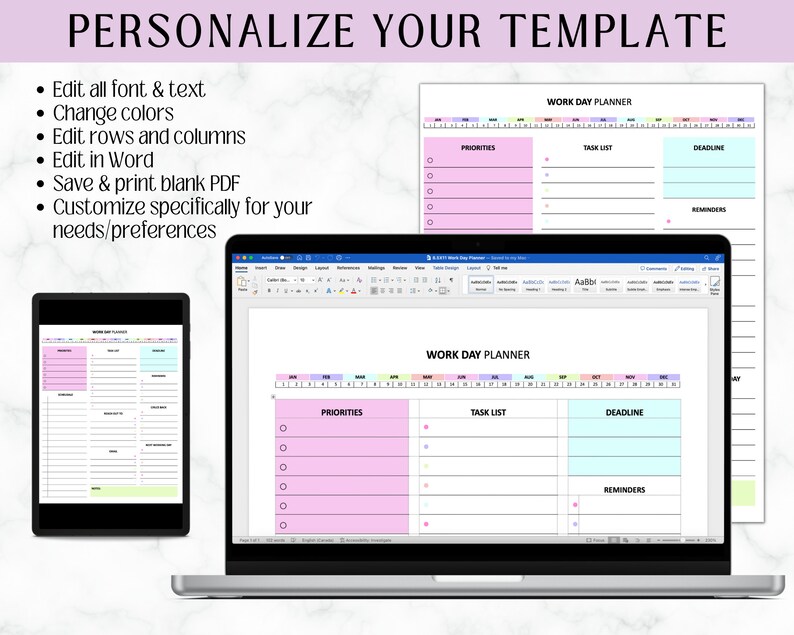 EDITABLE Work Planner | Work Day Organizer | Editable Daily Planner ...
