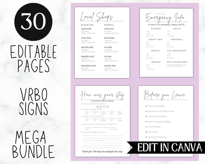 May include: A set of 30 editable printable signs for VRBO rentals. The signs include information about local shops, emergency information, a guest feedback form, and a checklist for guests before they leave. The signs are designed in a minimalist style with black text on a white background.