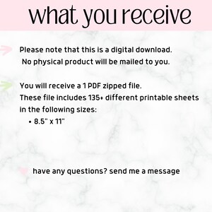 Pode incluir: Texto sobre um fundo de m&aacute;rmore branco que diz "what you receive". Uma seta aponta para o texto "Observe que esta &eacute; uma transfer&ecirc;ncia digital. Nenhum produto f&iacute;sico ser&aacute; enviado por correio." Outra seta aponta para o texto "Voc&ecirc; receber&aacute; um arquivo PDF compactado. Este arquivo inclui mais de 135 folhas imprim&iacute;veis nos seguintes tamanhos: 8,5" x 11"." Um cora&ccedil;&atilde;o aponta para o texto "Tem alguma d&uacute;vida? Envie-me uma mensagem"