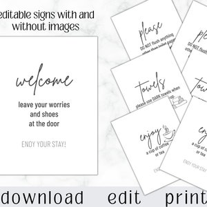 May include: Printable welcome sign with the text "welcome leave your worries and shoes at the door ENJOY YOUR STAY!"  The sign is white with black text.