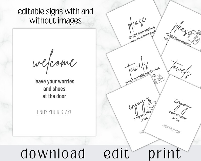 May include: Printable welcome sign with the text "welcome leave your worries and shoes at the door ENJOY YOUR STAY!"  The sign is white with black text.