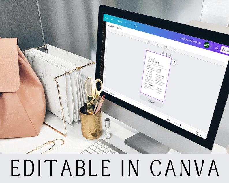 May include: A computer screen displaying a welcome sign template in Canva, a graphic design platform. The template features a welcome message, a list of services, and a five-star rating system. The screen is on a white desk with a gold pencil holder, a pair of scissors, and a pink backpack.