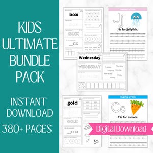 May include: A digital educational bundle for children featuring over 380 pages of printable worksheets. The pages include letter tracing exercises with illustrations of a jellyfish and carrots, word building activities, and day of the week practice.