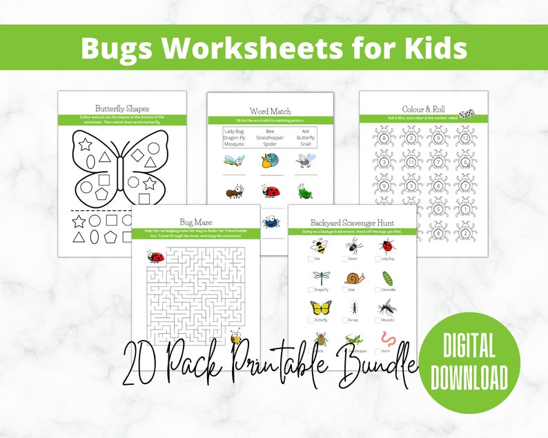 May include: A set of 20 printable bug-themed worksheets for kids. The worksheets include activities like matching shapes, word matching, a maze, a scavenger hunt, and a color and roll game. The worksheets are black and white and feature cute cartoon bugs.