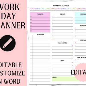 EDITABLE Work Planner | Work Day Organizer | Editable Daily Planner | Printable To Do List | Digital Schedule | Organizer