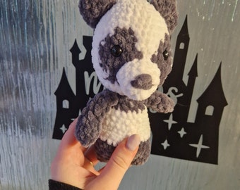 Crochet grey and white panda with glittery chenille super soft yarn and safety eyes