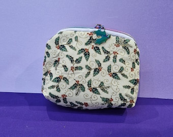 Holly berry small cosmetic bag makeup pouch with zipper and holly zipper pull