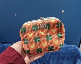 Tartan Mickey Mouse small cosmetic bag makeup pouch with zipper pull