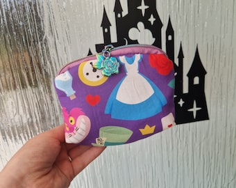 Purple Alice in Wonderland small cosmetic bag makeup pouch with zipper pull