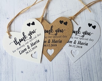 Personalised Wedding Favour Tags, Thank You For Sharing Our Special Day, Heart Shaped Tags, Party Favours, Baby Shower Gift Bag Labels,