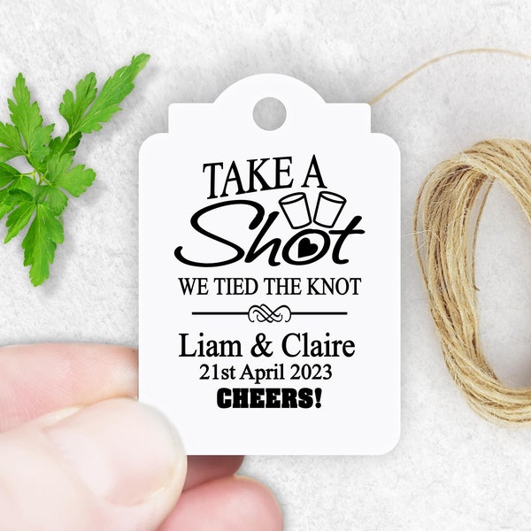 Personalised Take A Shot We Tied The Knot Wedding Tags, Miniature Alcohol Liquor Labels, Wedding Reception Tags For Mini Champagne Bottle