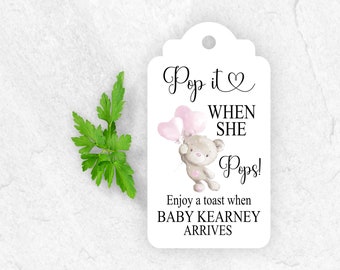 5 X Pop It When She Pops Personalised Baby Shower Favour Tags With Teddy Bear Pink Or Blue Balloons Tags Size 3.8 x 7cm White Thank You