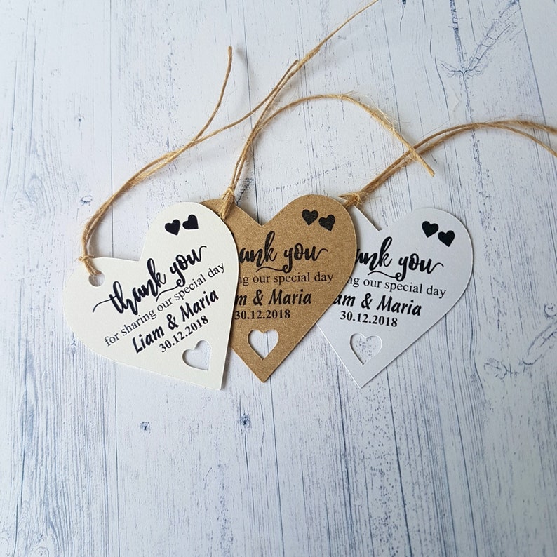 Personalised Wedding Favour Tags, Thank You For Sharing Our Special Day, Heart Shaped Tags, Party Favours, Baby Shower Gift Bag Labels, 