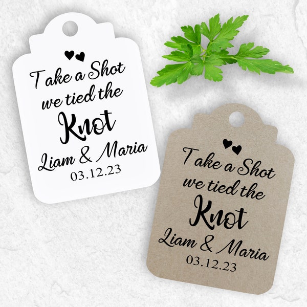 Take A Shot We Tied The Knot Tags, Personalised Wedding Favour Gift Tags, Personalised Wedding Labels, Alcohol Party Favour Shot Labels