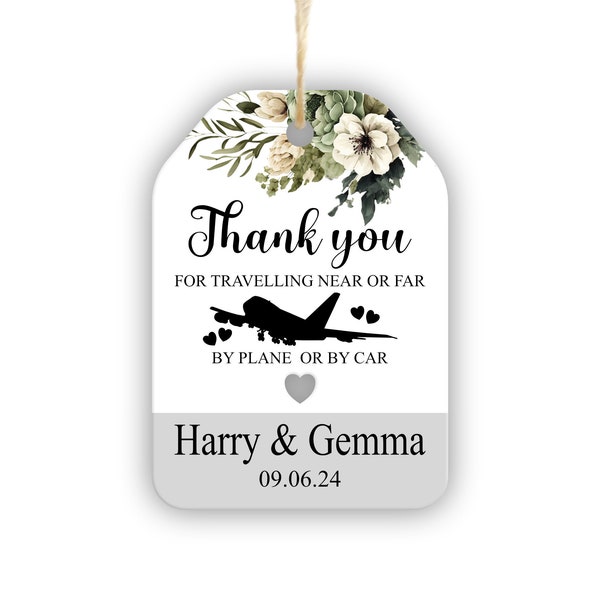 Personalised Wedding Favour Tags, Thank You For Travelling Near Or Far, Greenery Tags, Small heart shape cutout, Three sizes to pick from.