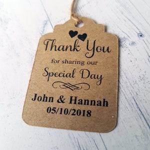 Personalised Wedding Favour Tags, Thank You, For Sharing Our Special Day, Ivory Cream, Kraft Brown, White, Size 5.3cm x 3.7cm Twine Included