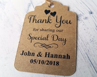 Personalised Wedding Favour Tags, Thank You, For Sharing Our Special Day, Ivory Cream, Kraft Brown, White, Size 5.3cm x 3.7cm Twine Included