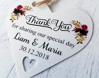 Personalised Wedding Favour BohoTags, Thank You For Sharing Our Special Day, Heart Shaped Tags, Party Favours, Baby Shower Gift Bag Labels