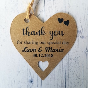 Personalised Wedding Favour Tags, Thank You For Sharing Our Special Day, Heart Shaped