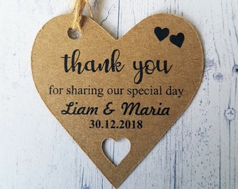 Personalised Wedding Favour Tags, Thank You For Sharing Our Special Day, Heart Shaped