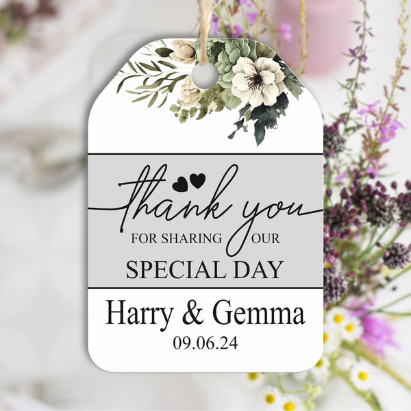 Personalised Wedding Favour Tags, Thank You for Sharing our Special Day, Sage Green Eucalyptus, Three sizes to pick from.