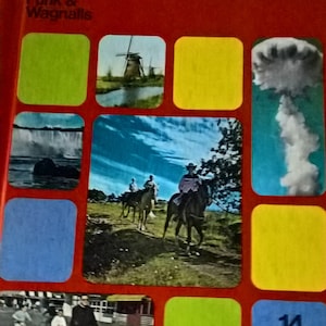 May include: A red book cover with the title "Young Students Encyclopedia" by Funk & Wagnalls. The cover features a collage of colorful images, including a windmill, a waterfall, a group of people riding horses, and a cloud formation. The number "14" is displayed in a blue box with the words "Negro Pantomime" below it.