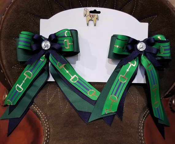 Navy & Red - Horse Show Hair Ribbons for Girls (Modern Snaffle-Bit Style)