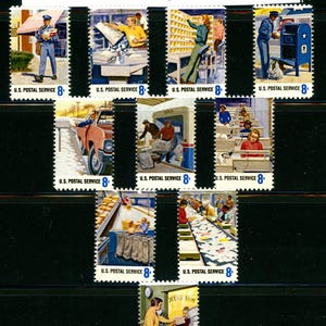 May include: A set of ten 1973 United States Postal Service Employees stamps. Each stamp features a different illustration of a postal worker performing their duties. The stamps are mint never hinged and in fine/very fine condition.