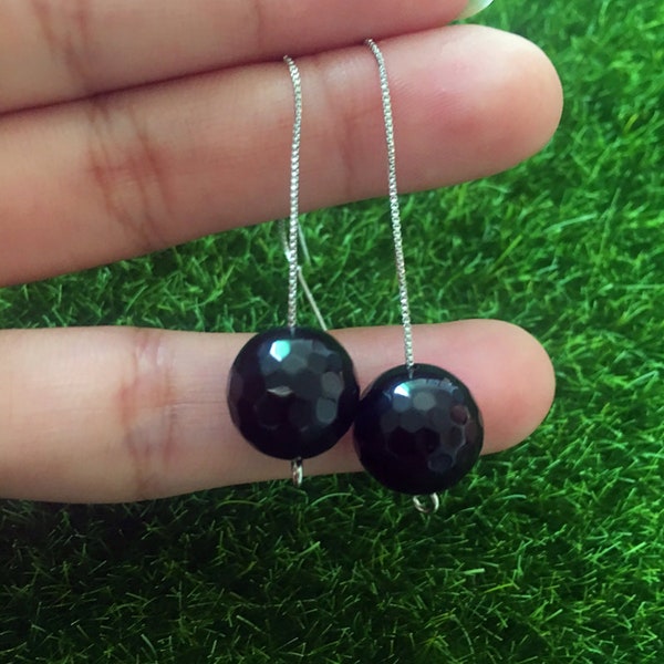 Free Shipping - Black Onyx Earrings / Black Faceted Bead Earrings / 925 Sterling Silver