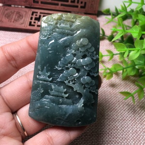 Beautifully Carved Green Natural AAA Jade "Landscape" Lucky Pendant