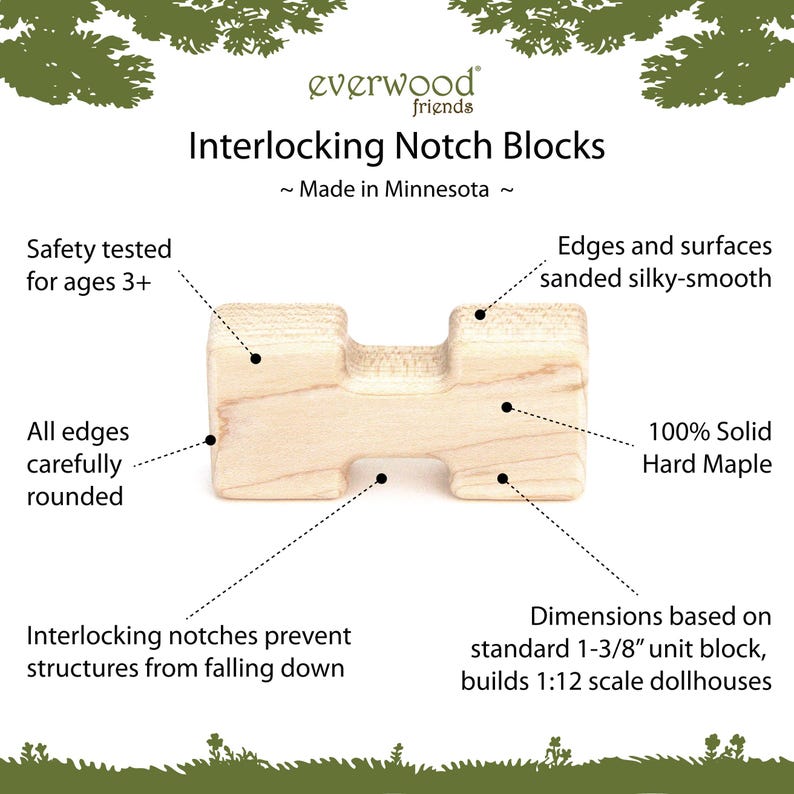Buildable Dollhouse Interlocking Notch Blocks | Solid Hard Maple 1:12 Scale Premium Natural Play Set by Everwood Friends made in Minnesota bild 3
