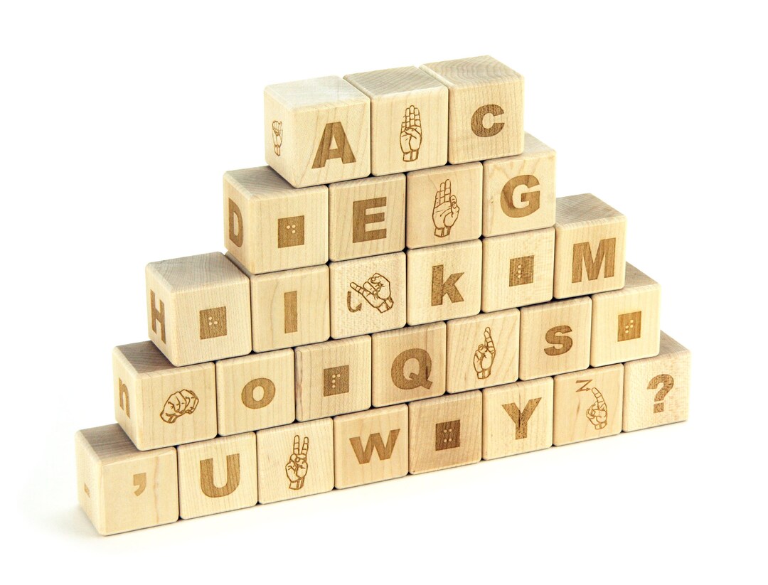 28 Pc ASL & Braille ABC Blocks Natural Maple American Sign Language