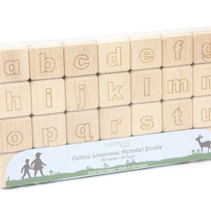 May include: A set of light-colored wooden alphabet blocks featuring engraved lowercase letters from a to u. The blocks are arranged in three rows and held by a light blue paper band labeled Outline Lowercase Alphabet Blocks 28 Pieces.