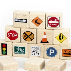 Road Signs Matching Game: 24 Solid Maple Wood Blocks for Kids | Colorful Educational Toy for Toddlers and Preschoolers