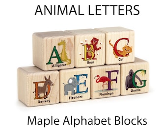 27 pc Animal Letters Maple Alphabet Blocks | Color Wooden Animal Alphabet Blocks ABC Blocks Baby Wood Animal Blocks Animal Nursery Decor