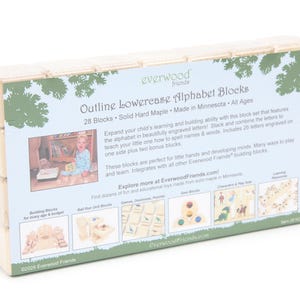 May include: A set of 28 solid hard maple alphabet blocks by Everwood Friends. The packaging features the text Outline Lowercase Alphabet Blocks, product descriptions, and small images of various wooden block sets and play scenes.