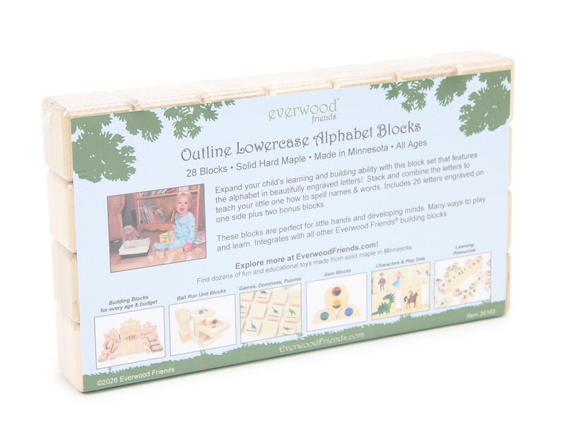 May include: A set of 28 solid hard maple alphabet blocks by Everwood Friends. The packaging features the text Outline Lowercase Alphabet Blocks, product descriptions, and small images of various wooden block sets and play scenes.