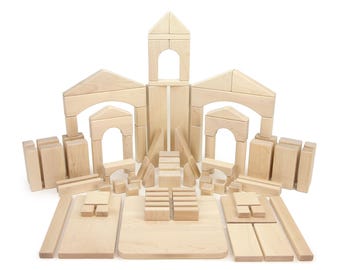 90 piece Deluxe Maple Unit Blocks | Solid Wooden Toy Building Set for Kids Home and School Cooperative Creative Playtime