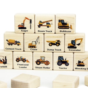 Construction Machines Matching Game: 24 Solid Maple Wood Blocks for Kids | Colorful Educational Toy for Toddlers