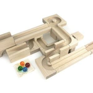 23 piece Core Ball Run Unit Block Set | Solid Hard Maple Natural Wooden Marble Track Building Set for Kids Creative Open Ended STEM Play