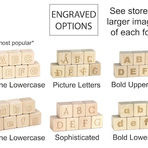 May include: A collection of light-colored wooden blocks featuring various engraved font options labeled as Outline Lowercase, Picture Letters, Bold Uppercase, Sophisticated, and Bold Lowercase. The text reads ENGRAVED OPTIONS and *most popular*.