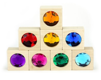 8 pc Bright Large Gem Building Blocks | Maple Unit Blocks Jewel Blocks Gemstone Block Sparkle Glitter Colorful Gemmed Rainbow Blocks
