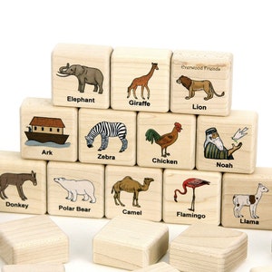 Noah&#39;s Ark Memory Game:  24 Solid Maple Wooden Blocks for Fun Bible Themed Play and Kids First Communion Gift