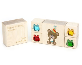 5 pc Party Bear Gem Blocks | Personalized Birthday Gift Maple Blocks Sparkle Colorful Gem Blocks Grizzly Teddy Bear Forest Animal for Kids