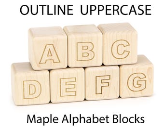 28 piece Outline Uppercase Maple Alphabet Blocks | Engraved Solid Wood ABC Set for Baby Shower Activity and Kids Learning
