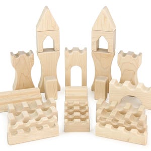 Deluxe Castle 26 piece Building Blocks Set | Solid Maple Wooden Fortress Playset Unit Blocks for Toddlers and Kids Creative Open Ended Play
