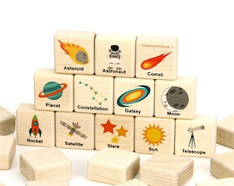 Space Explorer Memory Game: 24 Solid Maple Stacking Blocks, Fun Wood Matching Set for Kids, Science Solar System Activity, made in Minnesota