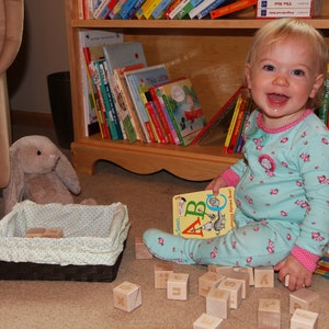 May include: A toddler wearing light blue floral pajamas with pink trim, holding a Dr. Seuss ABC book. Scattered around are wooden alphabet blocks, a dark brown woven basket with a light green polka dot liner, and a plush gray rabbit toy.